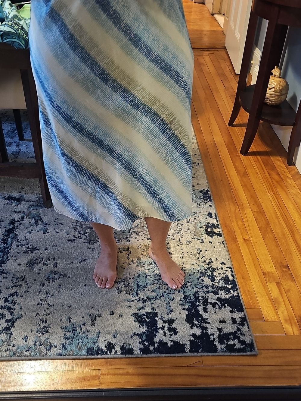 New York & Company Blue and White Diagonal-Stripe Midi Skirt